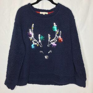 Vintage Refresh sherpa sequin reindeer christmas sweater with bells size XL AM5